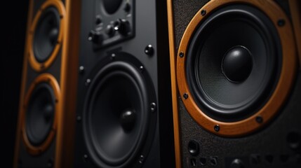 A detailed close-up view of a pair of speakers. This image can be used to illustrate audio equipment, music production, or sound systems
