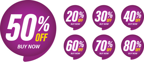 Different percent discount sticker discount price tag set. Purple round speech bubble shape promote buy now with sell off up to 20, 30, 40, 50, 60, 70, 80 percent vector illustration isolated on white