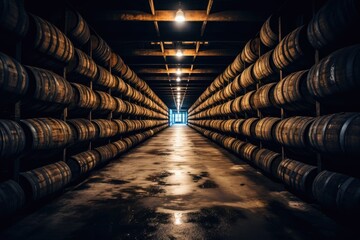 Rows of Aging Whiskey Barrels in a Distillery Warehouse