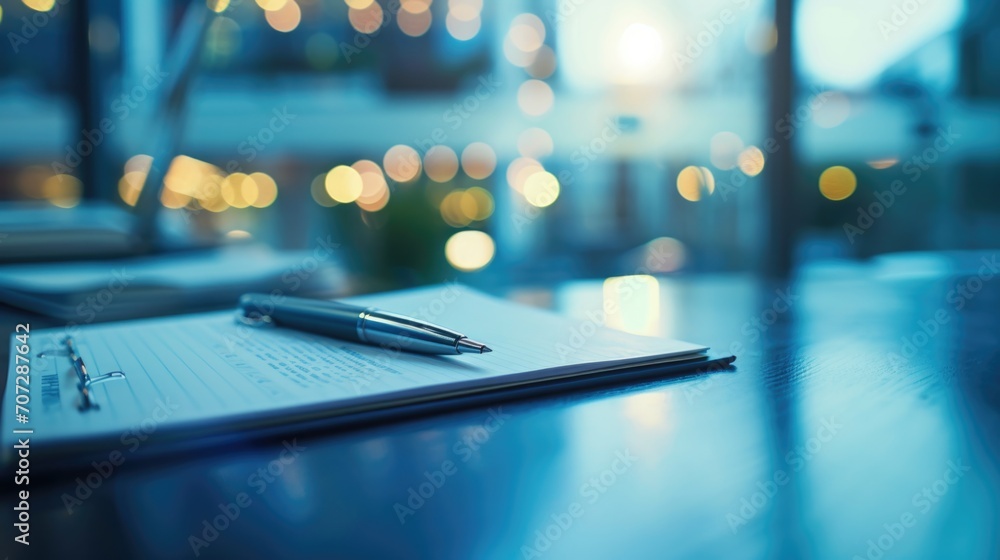 Poster A pen and notebook placed on a table in front of a window. Suitable for office, education, or creative concepts