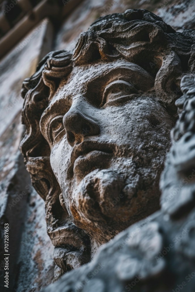 Poster A detailed close-up of a statue depicting a man's face. Perfect for adding a touch of elegance to any project