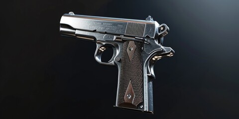 A detailed close-up shot of a gun on a black background. This image can be used to depict themes of danger, crime, law enforcement, self-defense, or firearms.