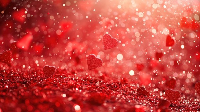 red glitter hearts falling down, bokeh effect blurred background