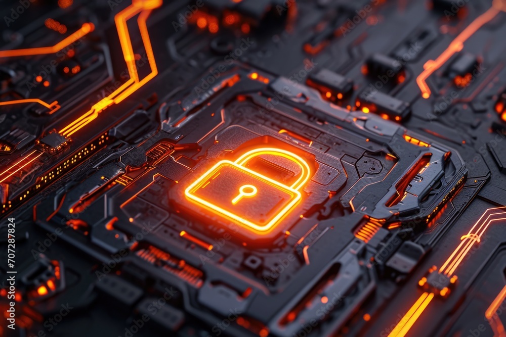 Fototapete a circuit board with a glowing padlock symbolizes security and protection. this image can be used to
