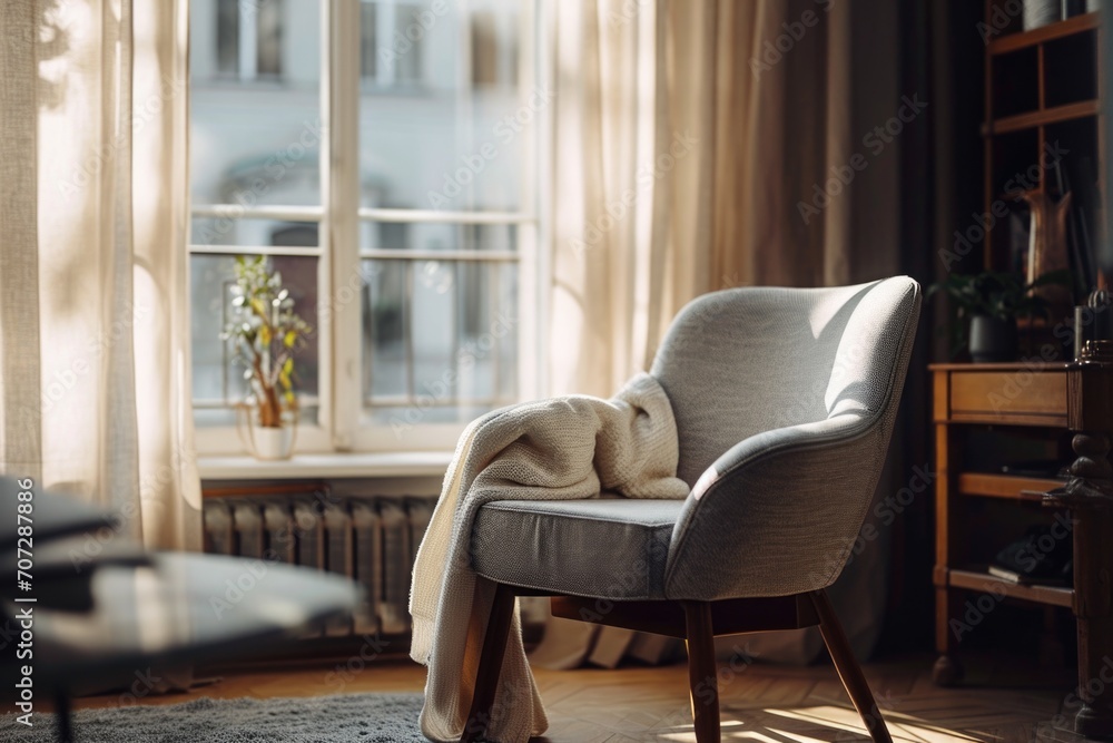 Poster A cozy chair with a blanket placed on it, positioned in front of a window. Perfect for creating a warm and inviting atmosphere.