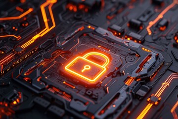 A circuit board with a glowing padlock symbolizes security and protection. This image can be used to illustrate concepts related to technology, cybersecurity, data protection, and encryption