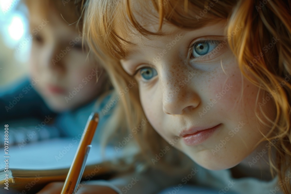 Aufkleber A close-up image of a child using a pencil to write