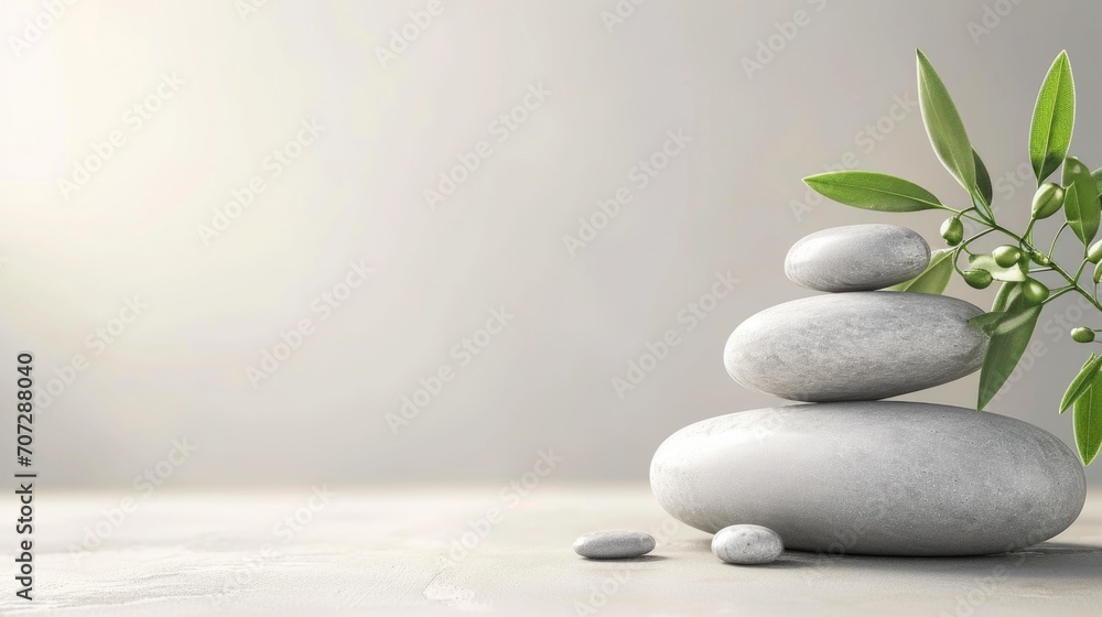 Poster a stack of rocks with a plant on top. this versatile image can be used to represent balance, harmony