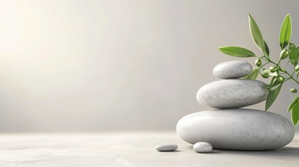 A stack of rocks with a plant on top. This versatile image can be used to represent balance, harmony, nature, and mindfulness