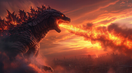 Huge godzilla shooting fire from his mouth. Game art style illustration. - obrazy, fototapety, plakaty