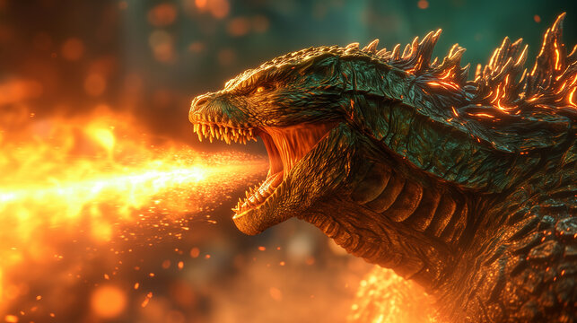 Huge godzilla shooting fire from his mouth. Game art style illustration.