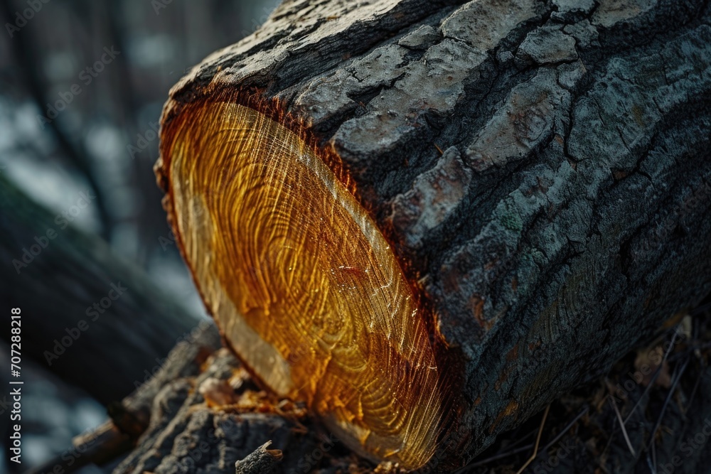 Poster A close up view of a tree that has been cut down. This image can be used to represent deforestation or as a symbol of environmental destruction
