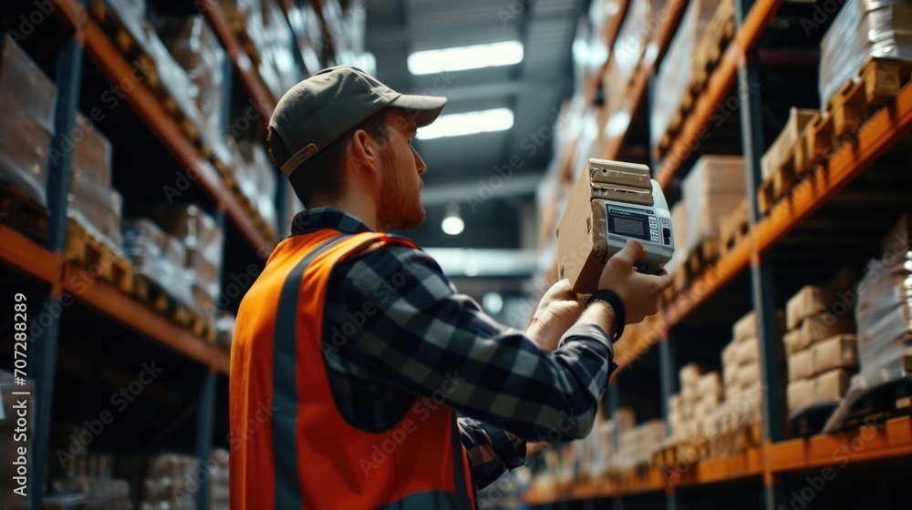 Poster a man wearing an orange vest is seen holding a piece of paper in a warehouse. this image can be used