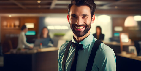 Obraz premium Portrait of smiling male customer support phone operator at office. Call center and customer service concept