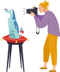 Professional animal photographer, female character take dog photo, concept photomaster cartoon vector illustration, isolated on white. Elite hound exhibition pose on soft cushion chair.