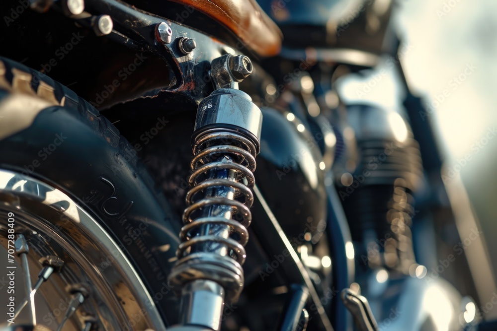Poster a detailed view of the front suspension of a motorcycle. this image can be used to showcase the intr
