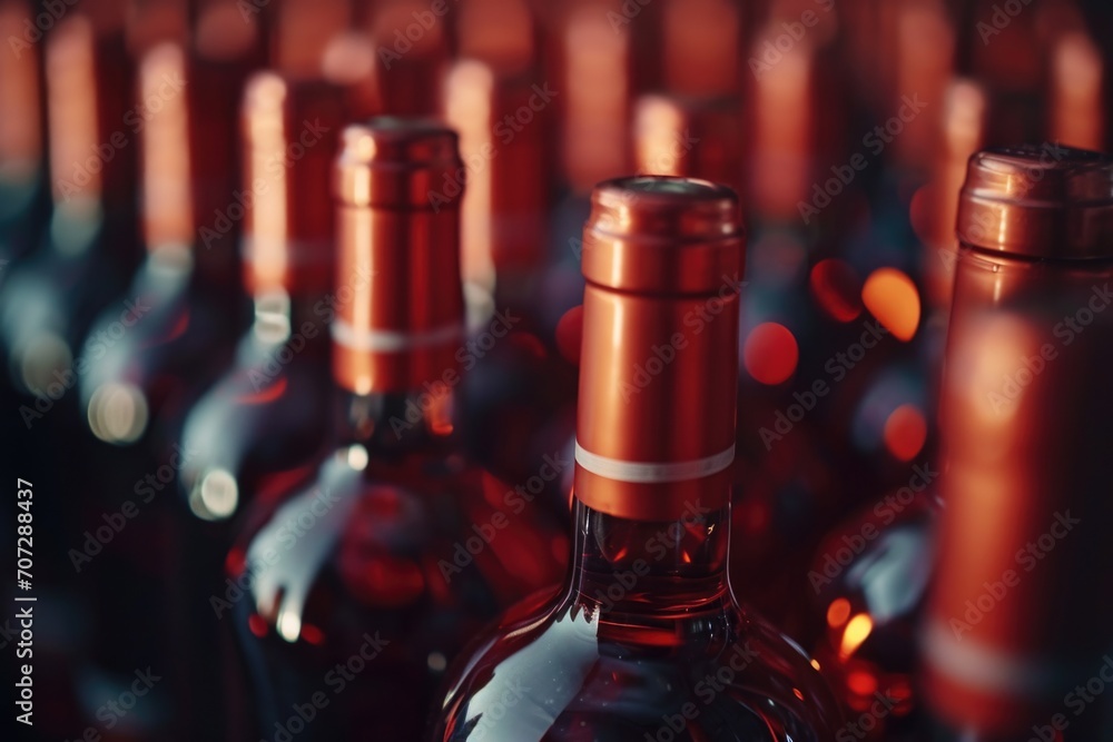 Poster a close-up view of a collection of wine bottles. perfect for wine enthusiasts or businesses in the h