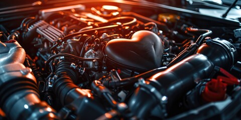 Car engine closeup with black heart. Car engine background.
