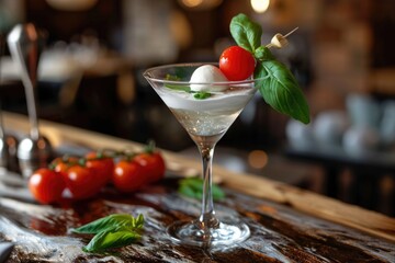 Classic martini caprese cocktail with mozzarella, cherry tomatoes and basil on a wooden table. - obrazy, fototapety, plakaty