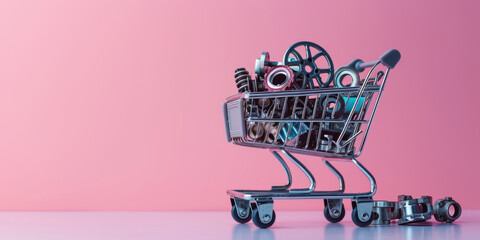 Shopping cart with car parts on pink background. - obrazy, fototapety, plakaty