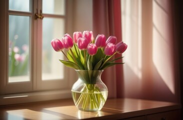 Bouquet of pink tulips by the window. Spring, holiday, holiday with March 8, Mother's Day, birthday