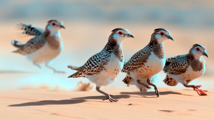 A family of quails traversing the desert sands, their synchronized movements resembling a perfectly choreographed dance. - obrazy, fototapety, plakaty