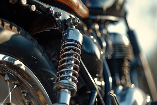 A detailed view of the front suspension of a motorcycle. This image can be used to showcase the intricate design and mechanics of a motorcycle's suspension system