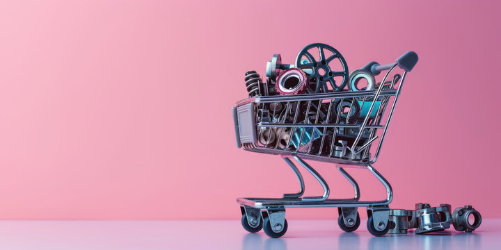 Shopping cart with car parts on pink background.