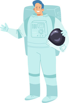 Space astronaut worker male character, smiling cosmonaut wave hand, spaceman hold helmet cartoon vector illustration, isolated on white. Research associate, analysis future profession.