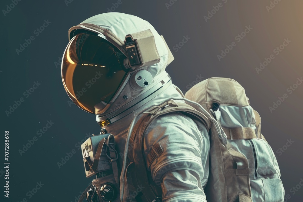 Poster Astronaut in a space suit with a backpack. Perfect for sci-fi and space exploration concepts