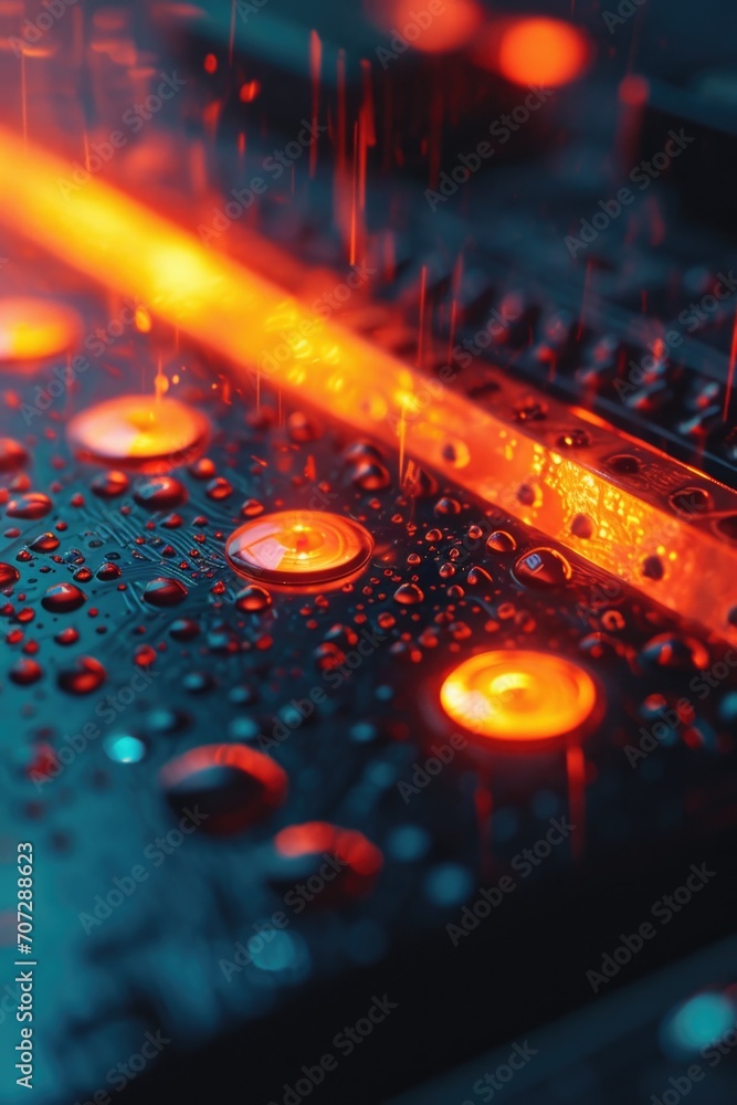 Poster Water droplets on a computer keyboard. Can be used to depict a wet or damaged keyboard