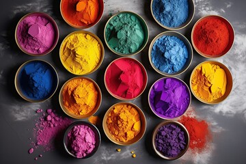 Colorful holi powder in bowls on grey background