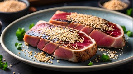 beef with potatoes and vegetables A plate of perfectly seared tuna steaks adorned with sesame seeds