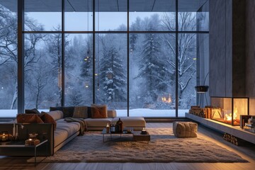 Modern cozy living room interior with a large window overlooking the winter forest.