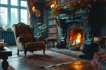Interior living room with fireplace and armchair in traditional style.