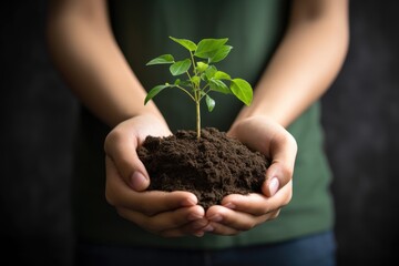 Hands holding young plant with soil on dark background, closeup.