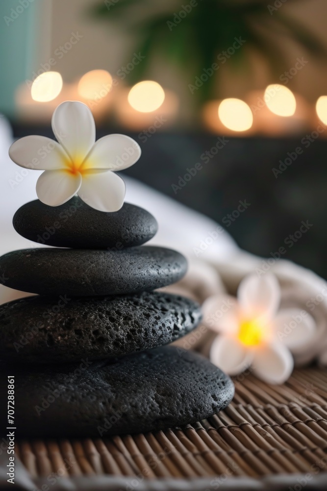 Poster A stack of black rocks with a delicate white flower on top. This image captures the contrast between the dark rocks and the vibrant flower. Perfect for adding a touch of nature to any project