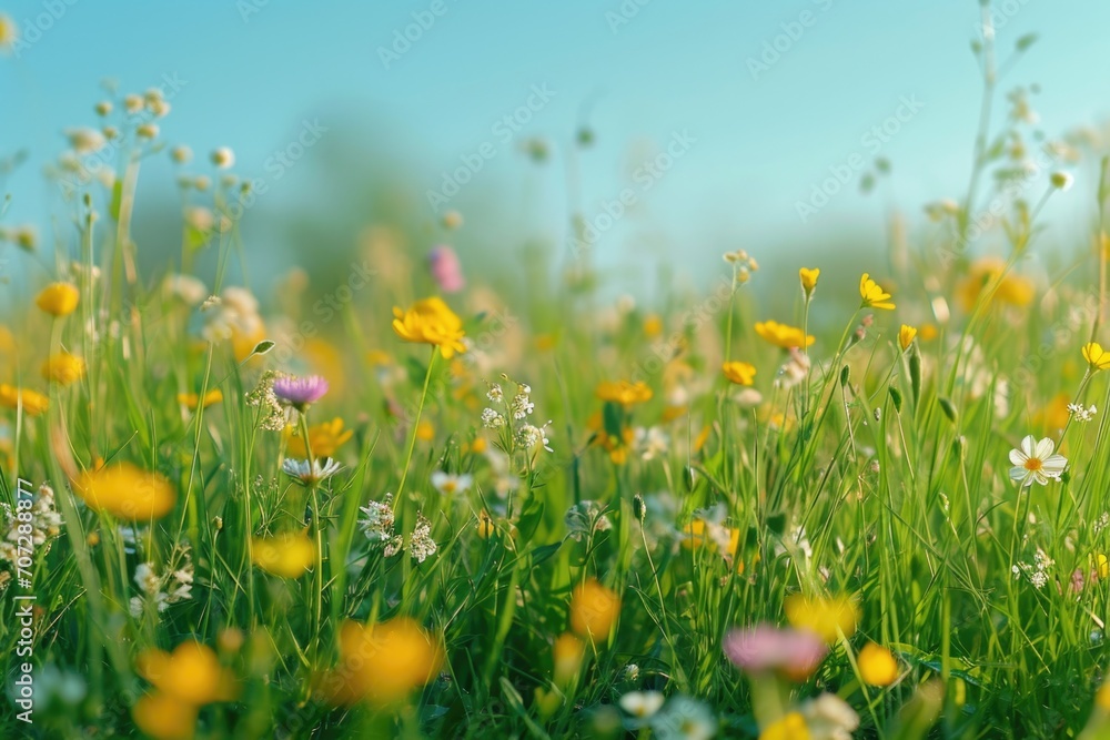 Poster a vibrant field filled with yellow and white flowers. perfect for adding a touch of nature to any pr