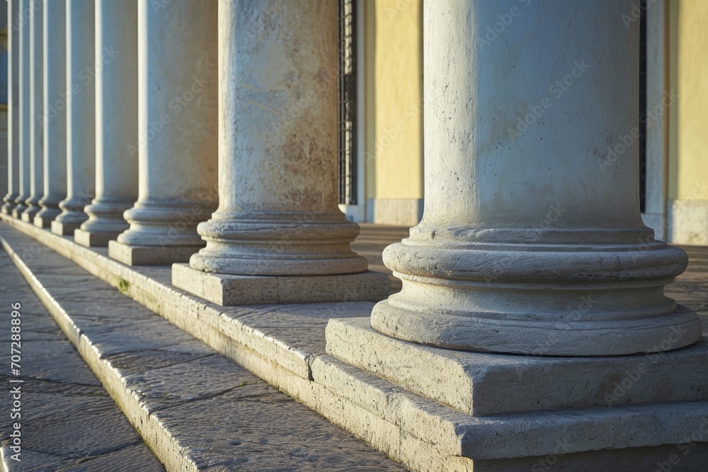 Poster A row of white pillars sitting on top of a sidewalk. Can be used to depict architectural elements or as a background in various design projects