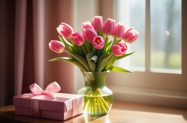 Bouquet of pink tulips by the window and gift box. Spring, holiday, March 8, Mother's Day, birthday