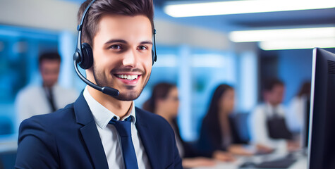 Portrait of smiling male customer support phone operator at office. Call center and customer service concept