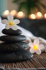 A stack of black rocks with a delicate white flower on top. This image captures the contrast between the dark rocks and the vibrant flower. Perfect for adding a touch of nature to any project