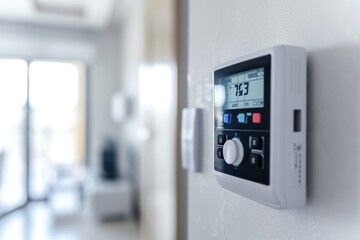 A digital thermostat mounted on the wall in a room. Suitable for home automation or HVAC system illustrations