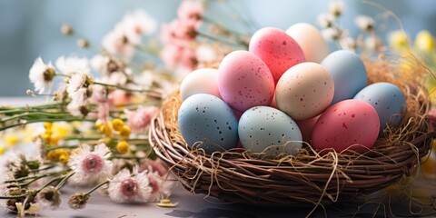 Fototapeta na wymiar Colorful easter eggs in nest with flowers on bokeh background
