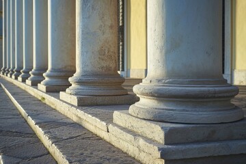 A row of white pillars sitting on top of a sidewalk. Can be used to depict architectural elements or as a background in various design projects