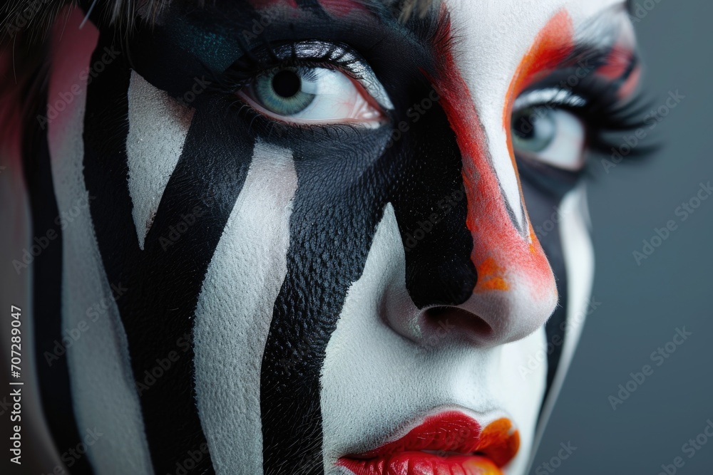 Poster A close up view of a person with a painted face. This image can be used for various purposes