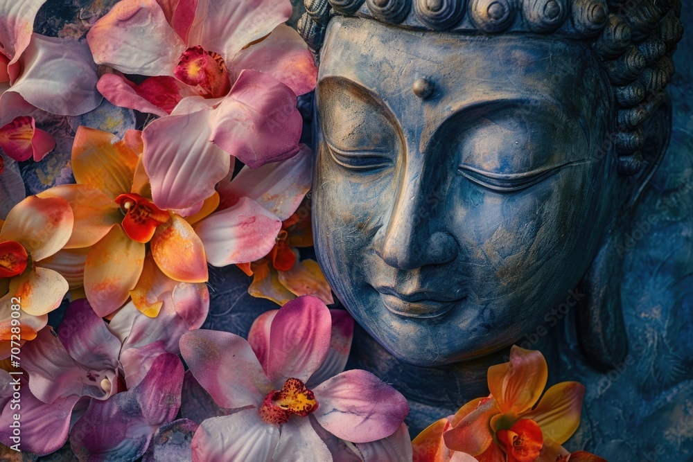 Poster A close-up view of a statue surrounded by a beautiful arrangement of flowers. Perfect for adding a touch of elegance and nature to any project or design
