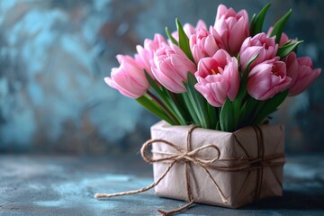 Bouquet of pink tulips in a gift box on a blue background
