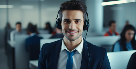 Portrait of smiling male customer support phone operator at office. Call center and customer service concept
