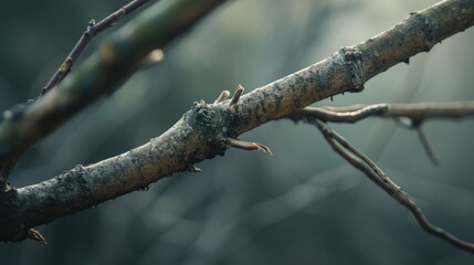 A close-up view of a branch from a tree. This image can be used to depict nature, seasons, or environmental themes